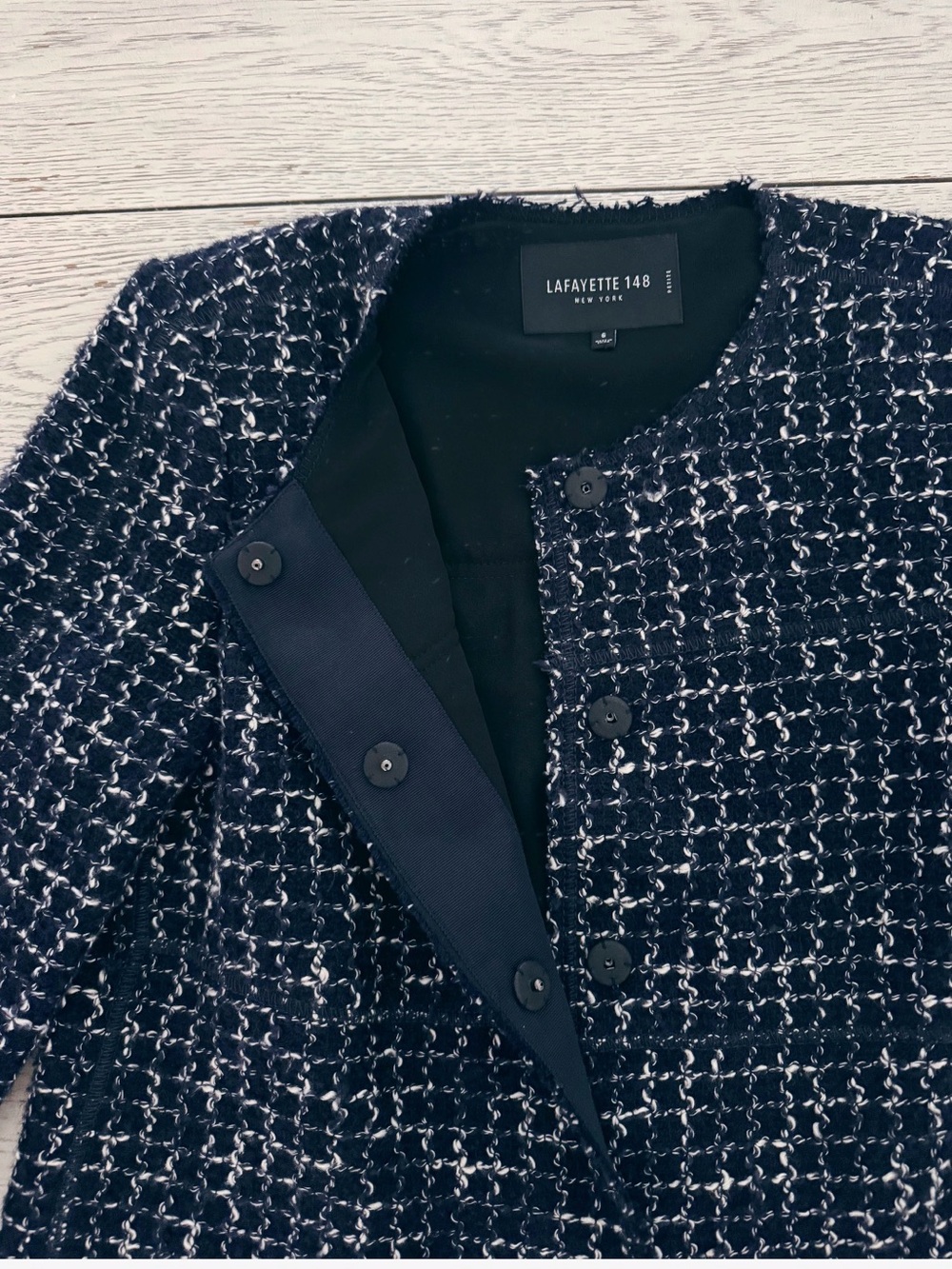 Lafayette 148 New York navy and White Tweed Collarless Jacket